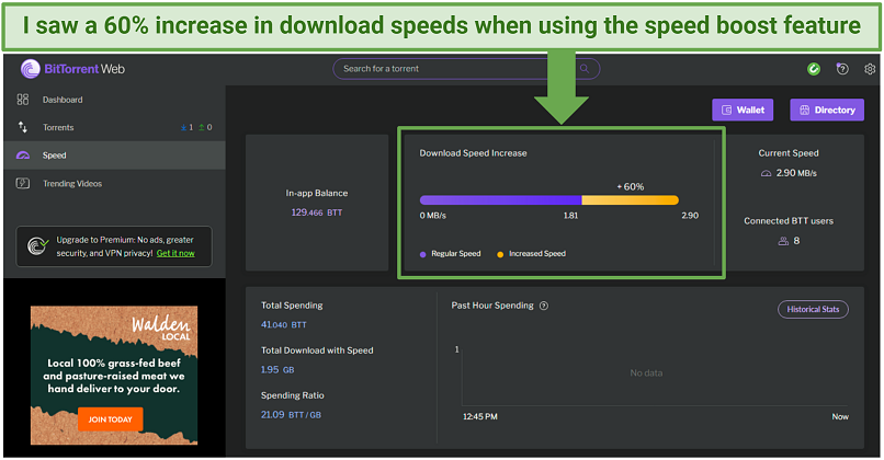 A screenshot showing you can use the BitTorrent tokenization feature (BitTorrent Speed) to get faster download speeds