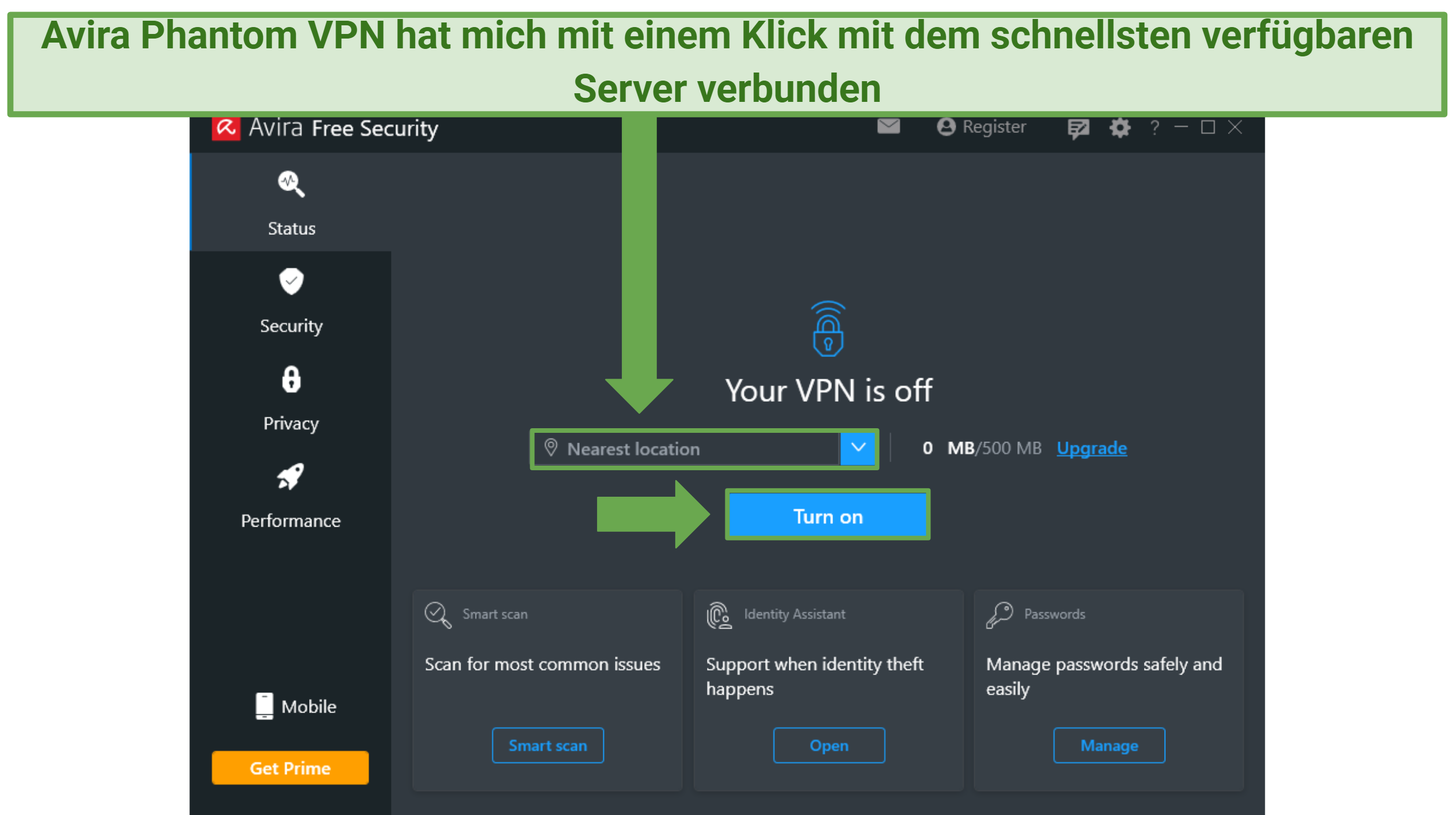 Screenshot von der Benutzeroberfläche des Avira Phantom VPN