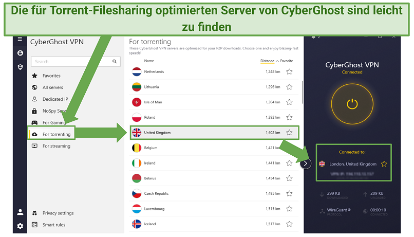 Screenshot der in-App-Liste der Torrenting-Server von CyberGhost