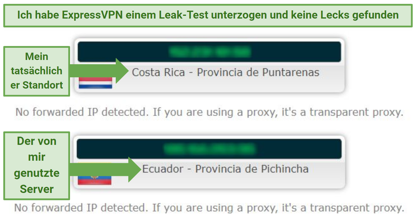 Leak test results showing that ExpressVPN successfully concealed my real IP address and location