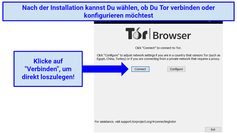 Instructions showing how to connect or configure Tor browser after installation