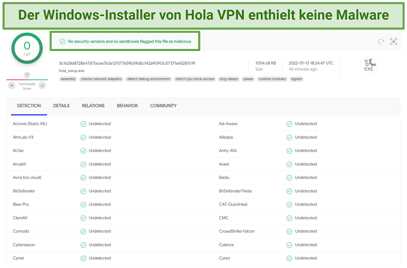 A screenshot of a VirusTotal test showing that Hola VPN's Windows installer doesn't contain malware
