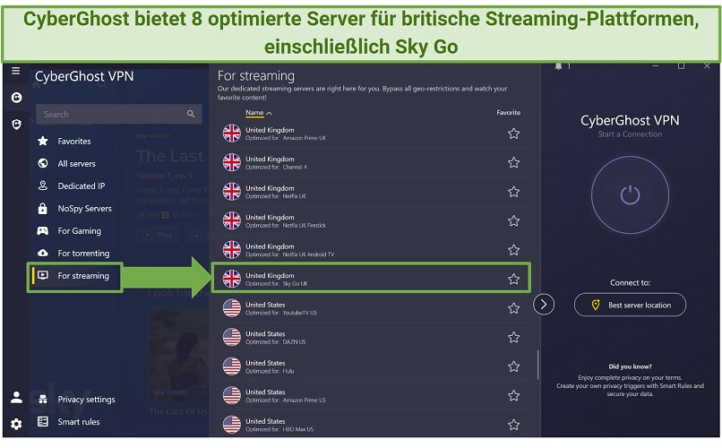Screenshot of CyberGhost's streaming-optimized servers in the Windows app highlighting its UK Sky Go server