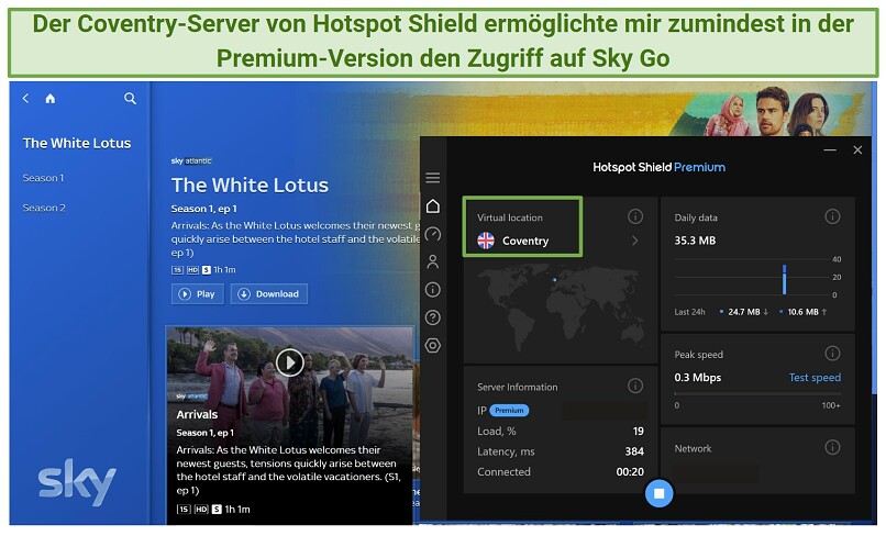 Screenshot of Hotspot Shield's premium plan accessing Sky Go