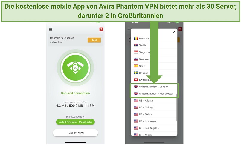 Screenshots of Avira Phantom VPN's free mobile app and its server list