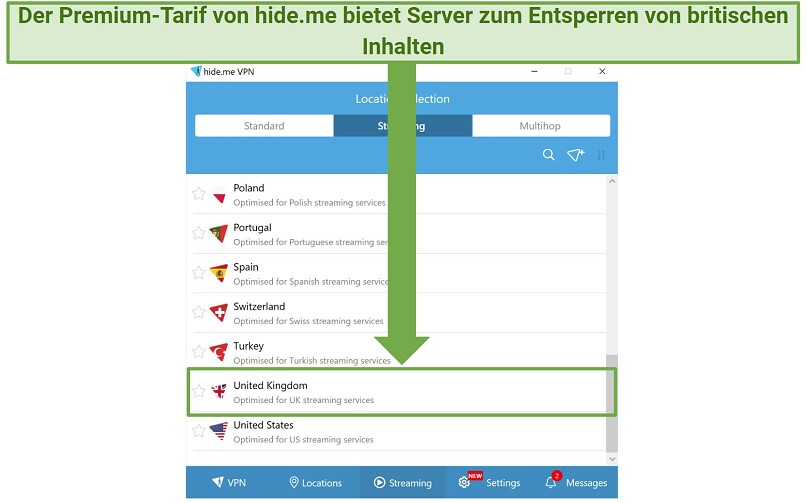 Screenshot of hideme's streaming servers in the Windows app, highlighting the UK server