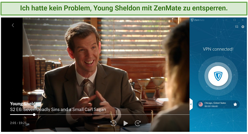 A screenshot of ZenMate capable of unblocking and streaming Young Sheldon show on HBO Max in Full HD