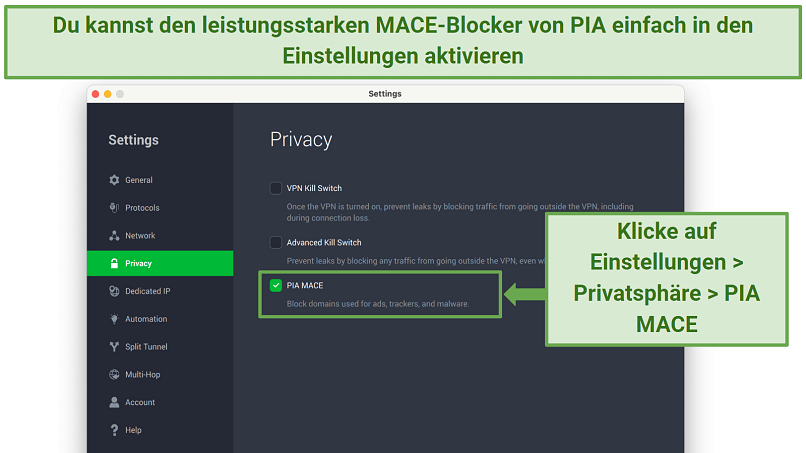 Screenshot showing how to activate the PIA MACE blocker in the Settings panel