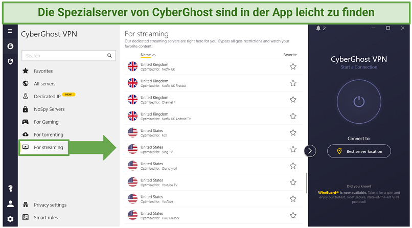 CyberGhost's Windows app listing its streaming-optimized servers for specific platforms
