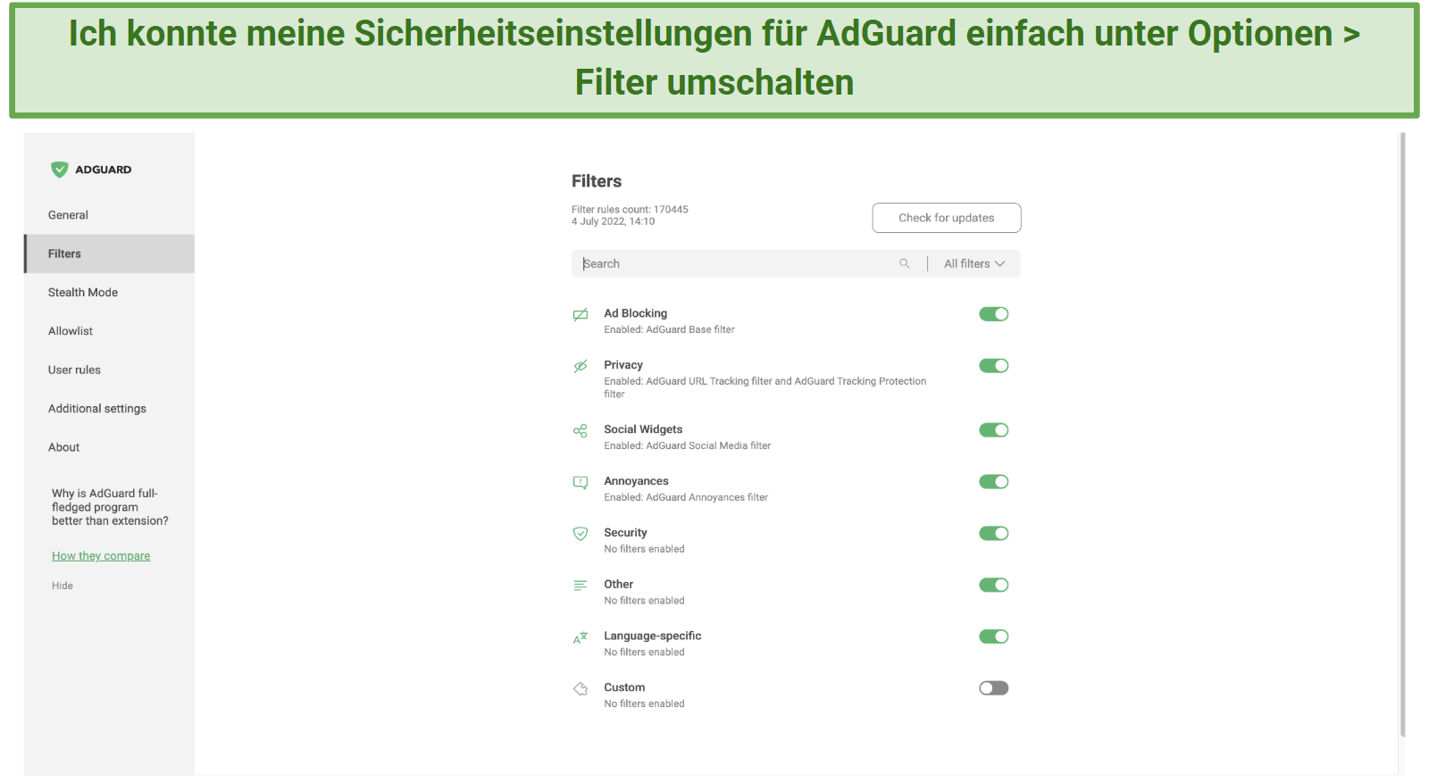 Screenshot showing how to toggle your filters in AdGuard