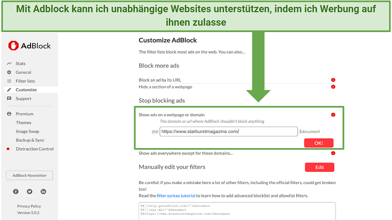 Screenshot showing how to whitelist websites in the Adblock settings panel