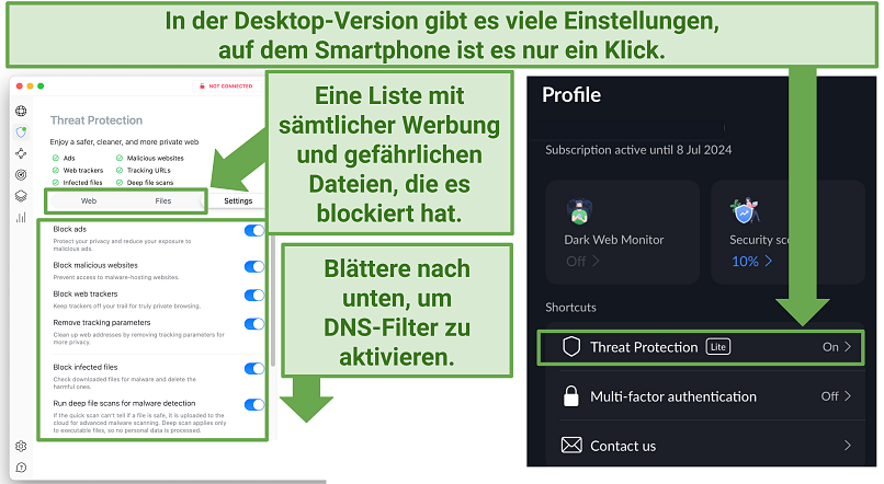 Screenshot showing NordVPN's Threat Protection ad blocker on desktop and mobile devices