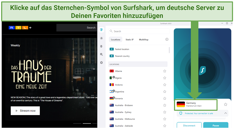 A screenshot of RTL+ with Haus Traume showing while connected to Surfshark German servers