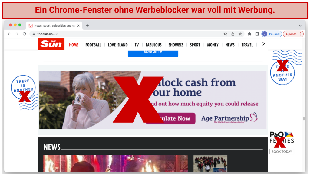 Screenshot showing 4 ads on a Chrome browser without CyberGhost's Block Content