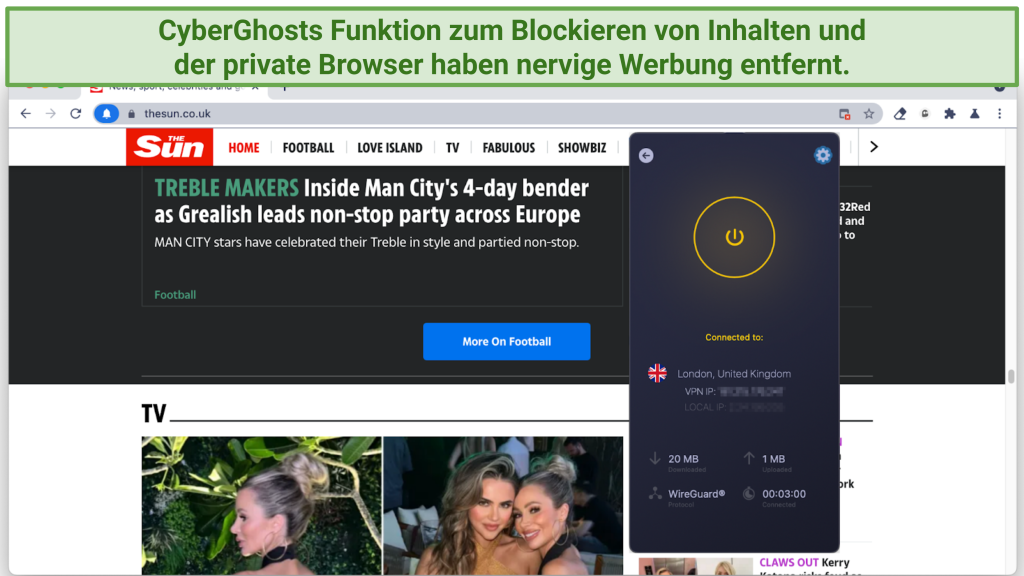 Screenshot showing an ad-free web page using CyberGhost's Block Content alongside its own Private Browser