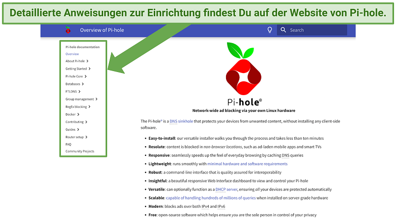 Screenshot showing the setup guide on the Pi-hole website