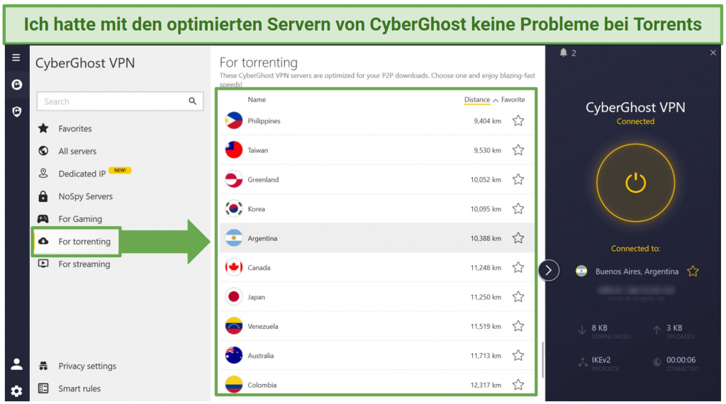 A screenshot showing CyberGhost's torrenting optimized servers