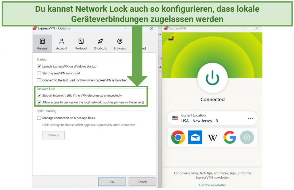 A screenshot showing how to turn on and configure ExpressVPN's Network Lock kill switch
