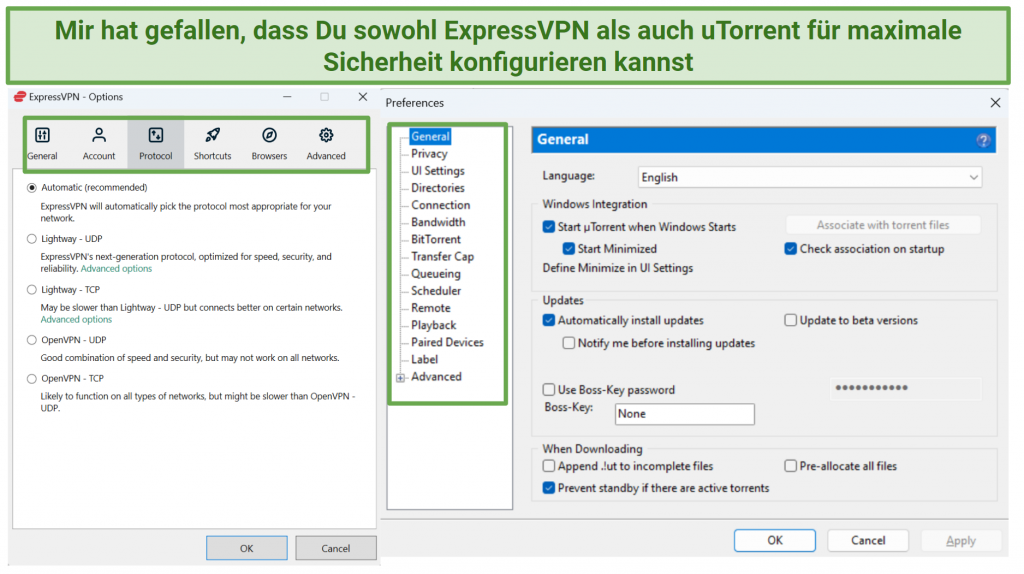 A screenshot showing both ExpressVPN and uTorrent configuration options