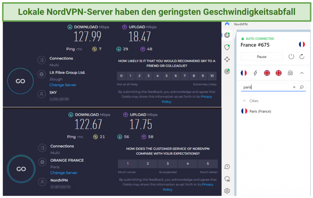 Screenshots showing the base speed drop when connected to a NordVPN server in Paris