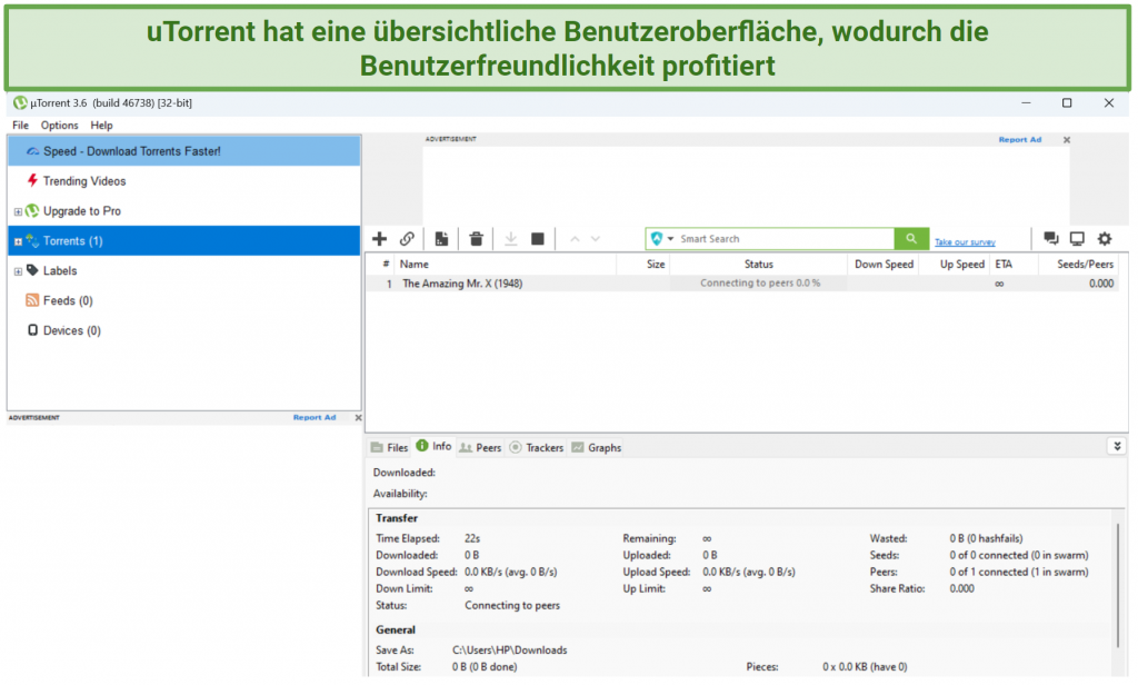 A screenshot of uTorrent clutter-free use-interface