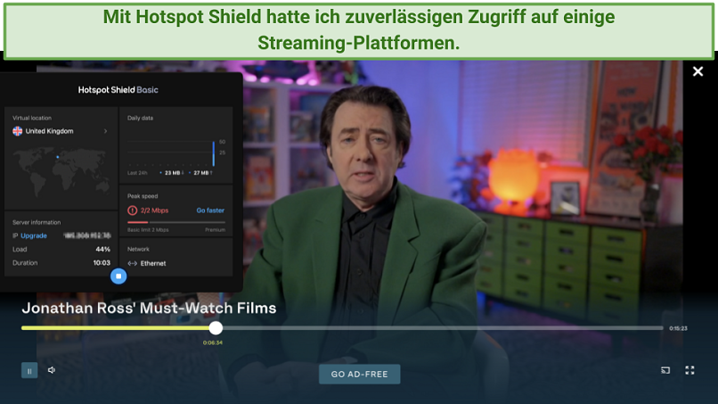 Screenshot showing Hotspot Shield connected to a UK server and streaming a show on Safari