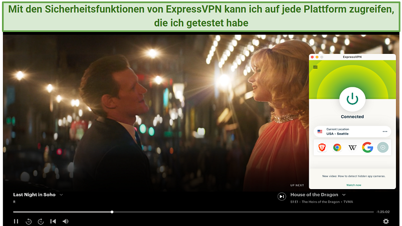 Screenshot of the ExpressVPN app connected to the USA - Seattle location over web browser streaming a movie on Hulu
