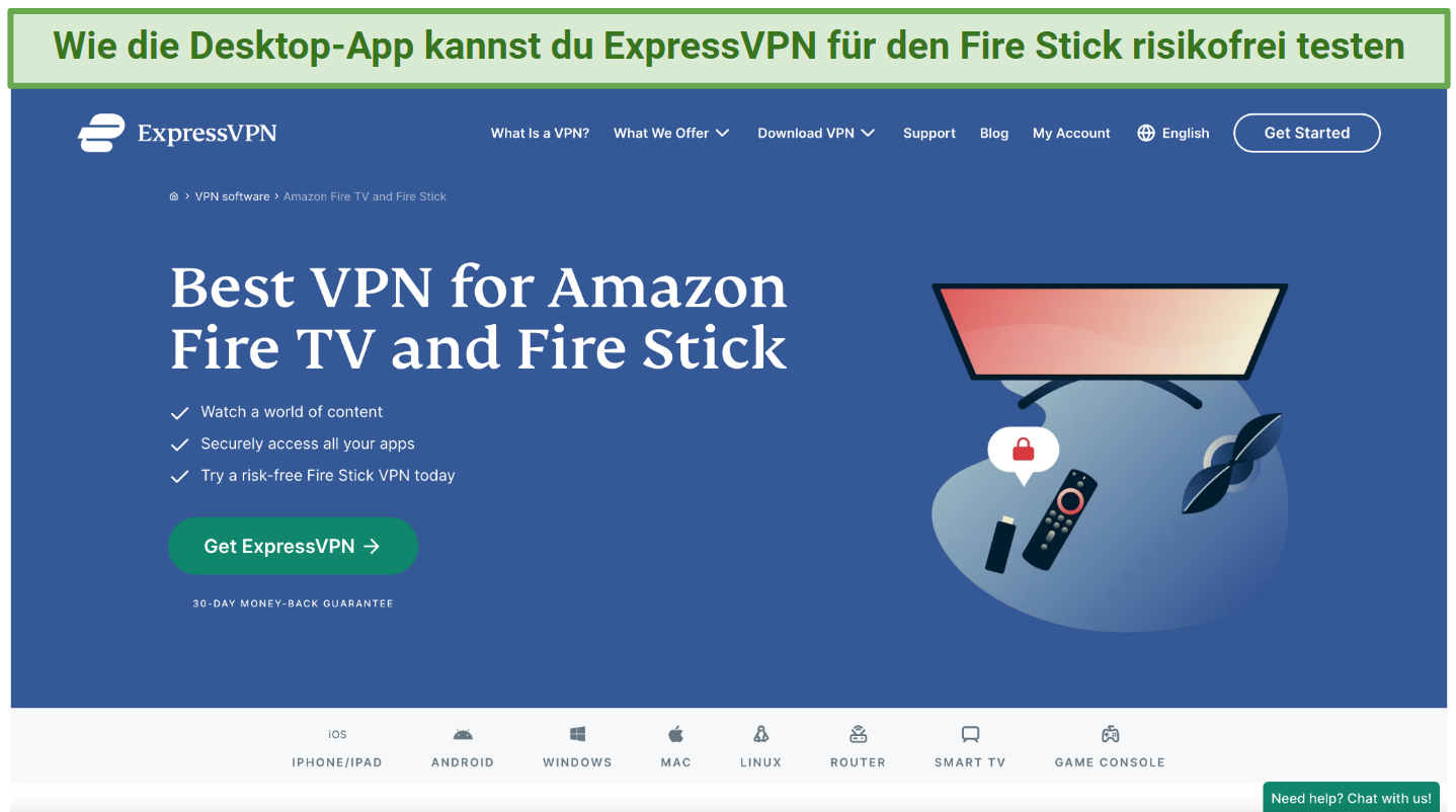Screenshot showing the Fire Stick app page on the ExpressVPN website