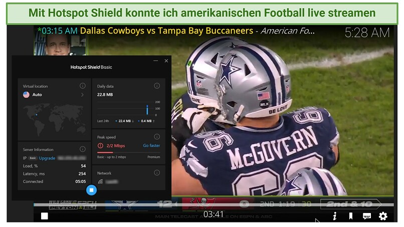 Ein Screenshot von Live-Streaming amerikanischen Fußballs über den US-Server von Hotspot Shield