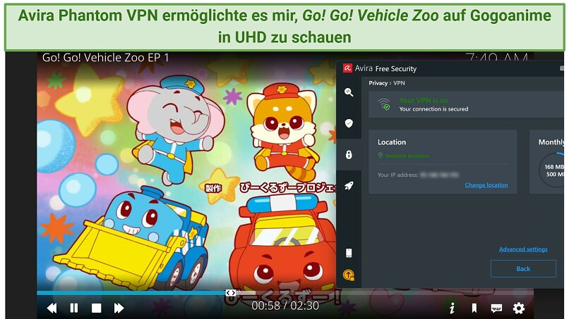 Ein Screenshot, der das Streaming eines Animes auf Gogoanime zeigt, während eine Verbindung zum kostenlosen Server von Avira Phantom VPN besteht