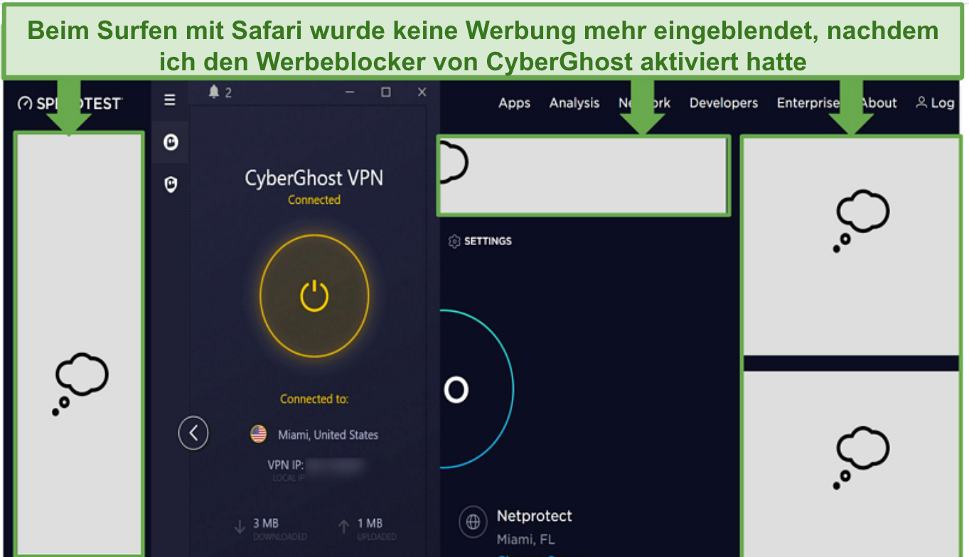A screenshot showing how effective CyberGhost's ad-blocker is.