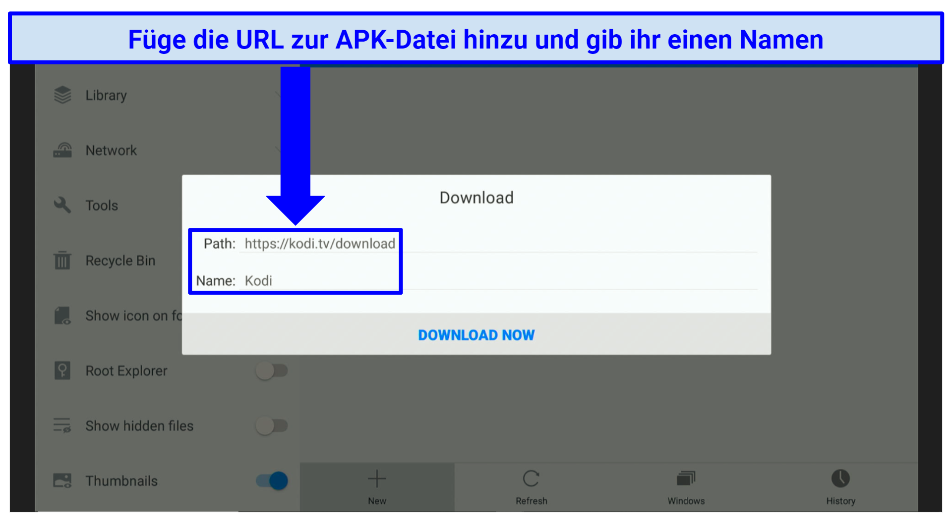 A screenshot showing it's easy to add the URL of an APK file and give it a name in Firestick.