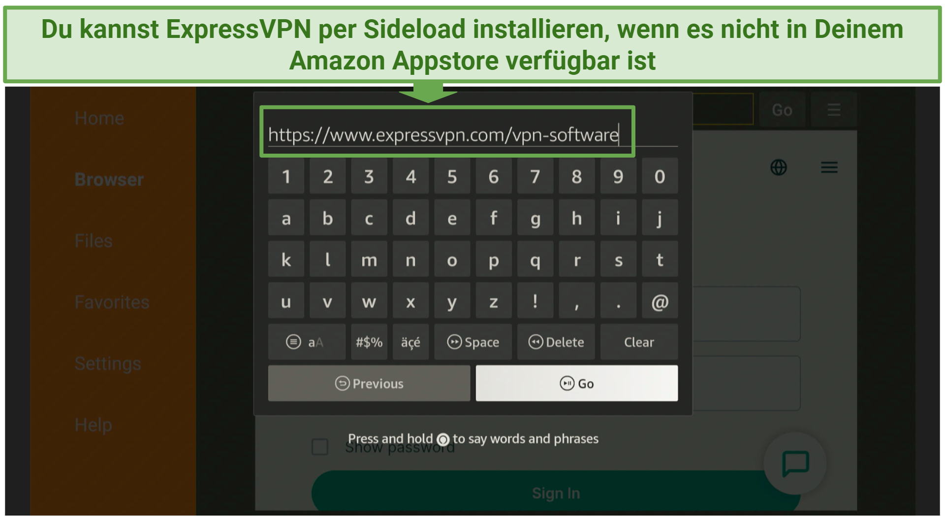 A screenshot showing you can sideload ExpressVPN on Firestick from the official website