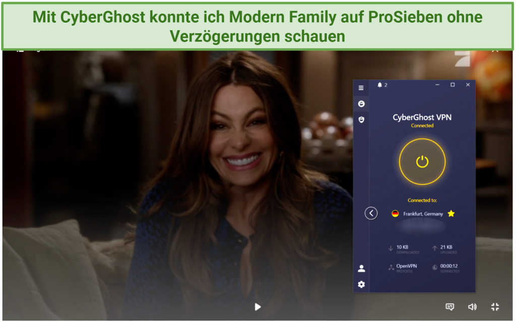 A screenshot showing Modern Family playing on ProSieben Germany while connected to CyberGhost's Frankfurt server