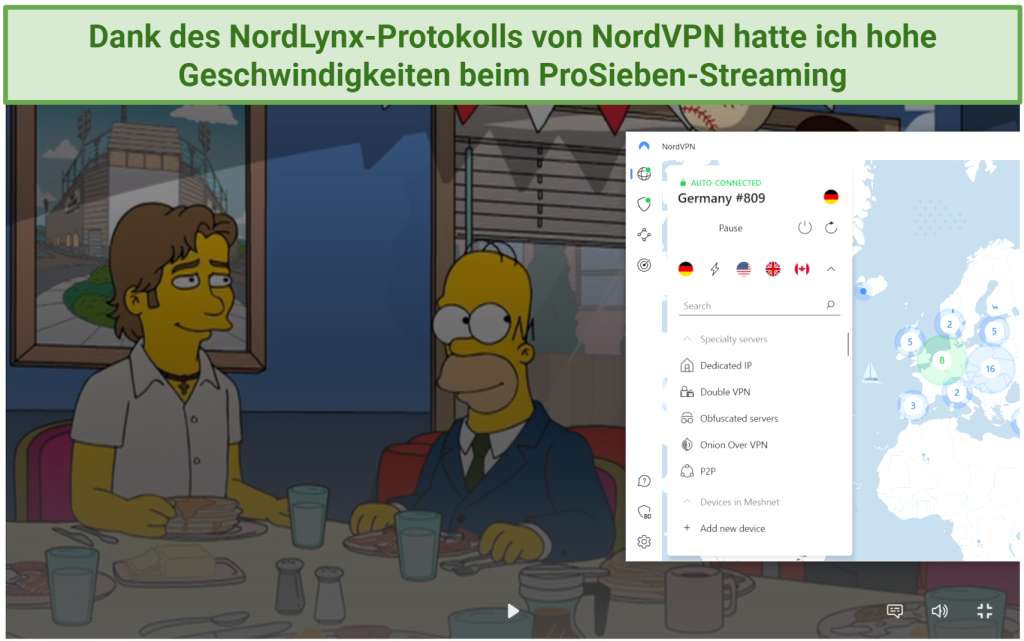A screenshot showing The Simpsons playing on ProSieben Germany while connected to one of NordVPN's Germany servers