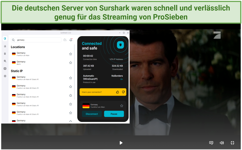 A screenshot showing James Bond: The World is Not Enough playing on ProSieben Germany while connected to Surfshark's Frankfurt server