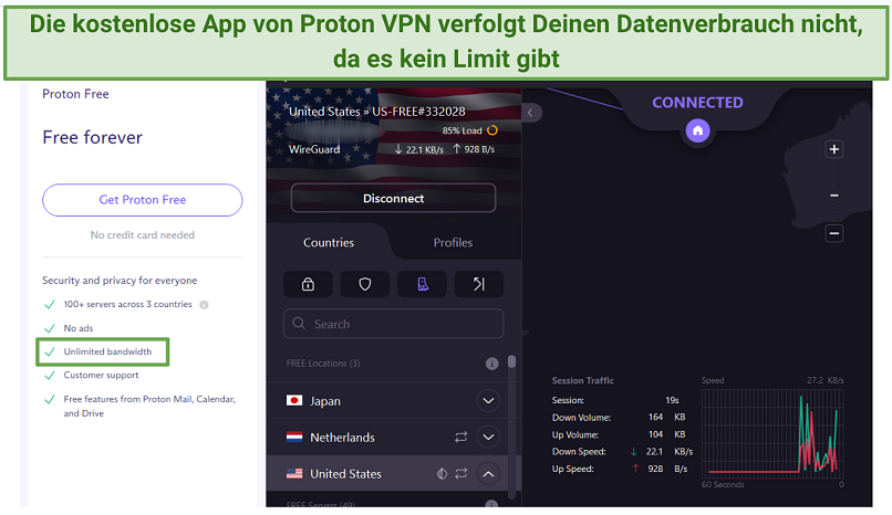 Screenshot of Proton VPN's free Windows app next to a screenshot of the free plan details from its website