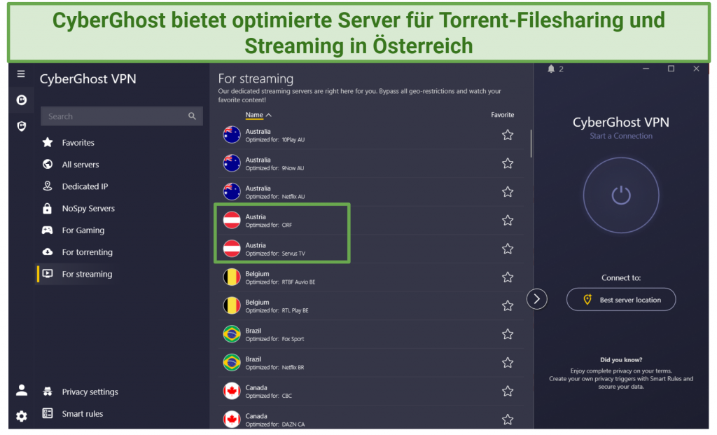 A screenshot showing CyberGhost's Streaming Optimized Servers in Austria for ORF and Servus TV.