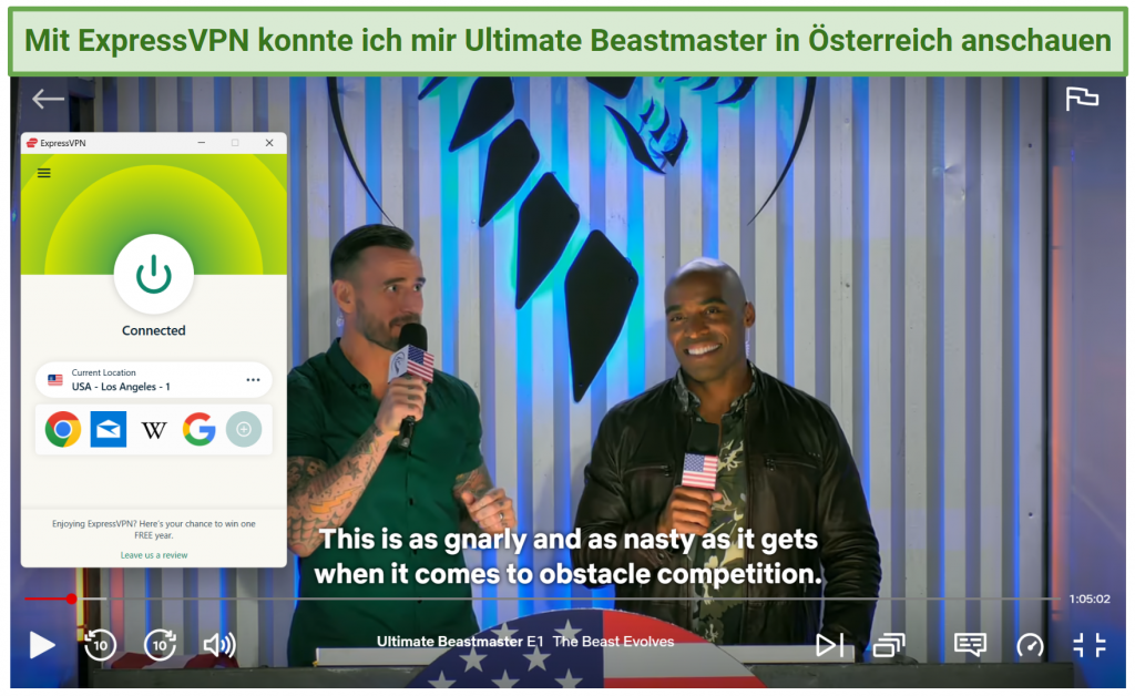 A screenshot showing Ultimate Beastmaster playing on Netflix US while connected to ExpressVPN's LA server.