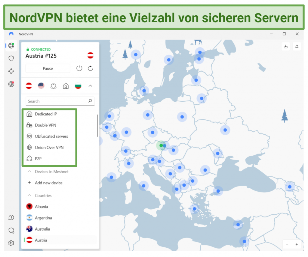 Screenshot of NordVPN's Desktop App Dashboard With Various Server Categories.