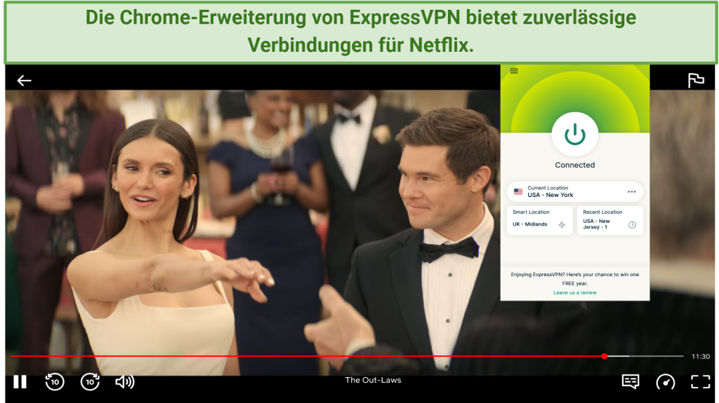 A screenshot of Netflix playing on a Chrome browser with the ExpressVPN extension connected to a server in New York