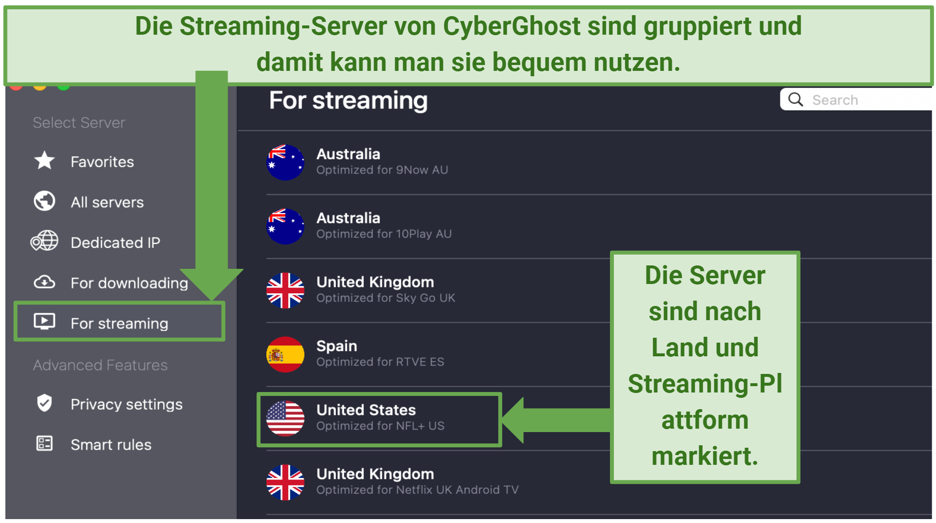 A screenshot showing CyberGhost's streaming-optimized servers on its macOS app