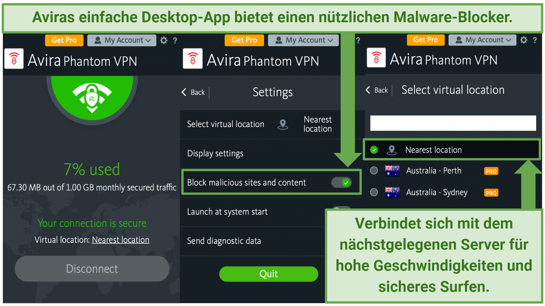 Screenshots of the Avira Phantom VPN app's home screen, settings menu, and server list