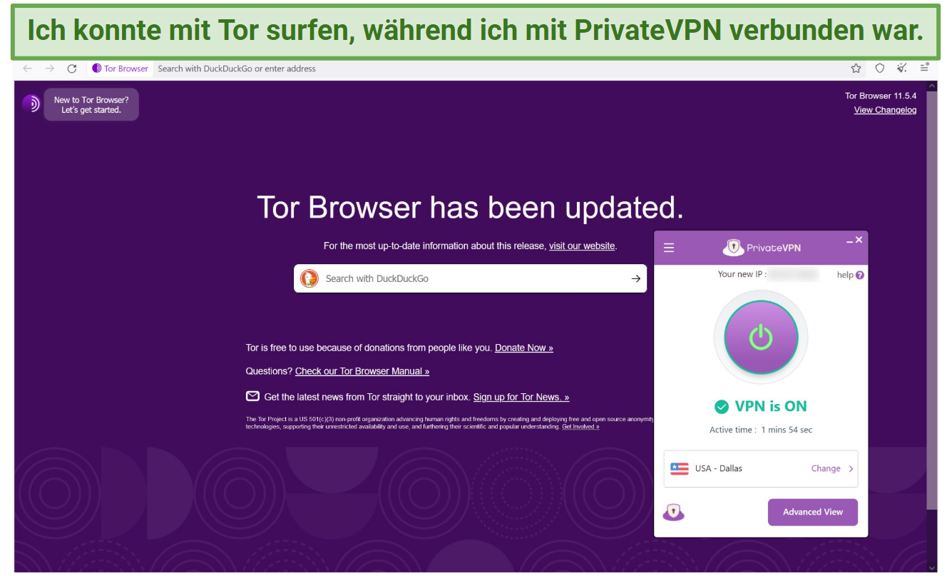 Screenshot of a connection to the Tor browser while connected to PrivateVPN