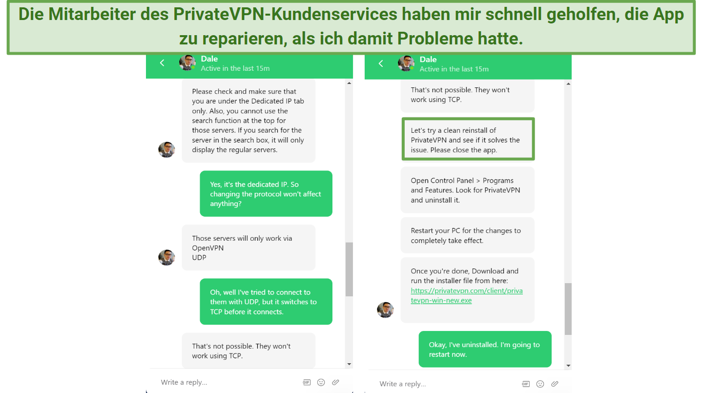 Screenshot of PrivateVPN live chat where the live agent told me to reinstall the app to fix dedicated IPs