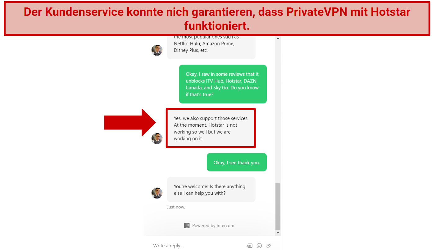 Screenshot of PrivateVPN live chat where they inform me Hotstar can't be unblocked