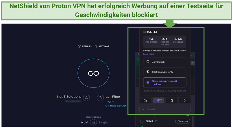 A screenshot showing Proton VPN's NetShield excels at filtering out ads, blocking trackers, and saving data