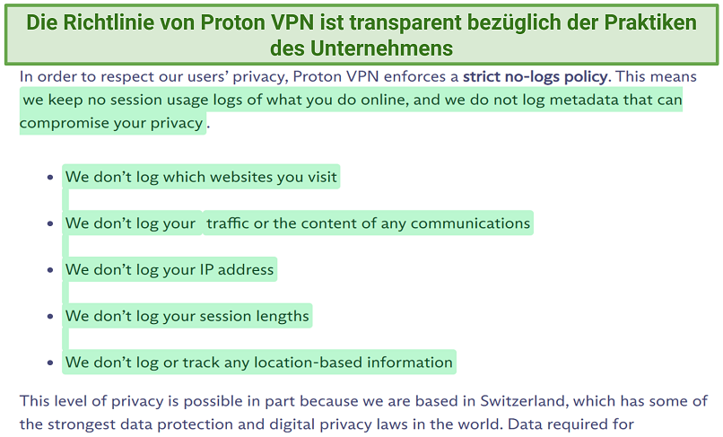 A screenshot showing Proton VPN doesn't log sensitive information like IP address, traffic logs, and session lengths