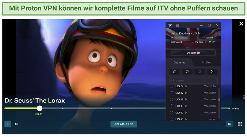 A screenshot of ITV streaming Dr. Seuss' The Lorax while connected to Proton VPN's UK streaming-optimized server
