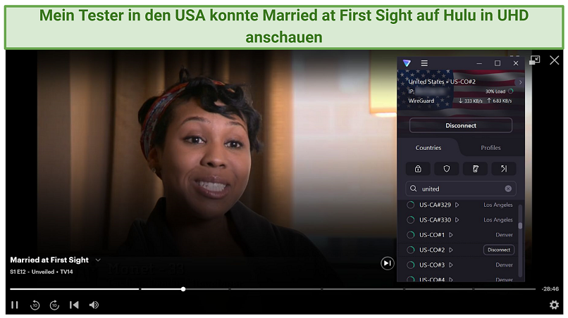 A screenshot of Hulu streaming Married at First Sight while connected to Proton VPN's US streaming-optimized server